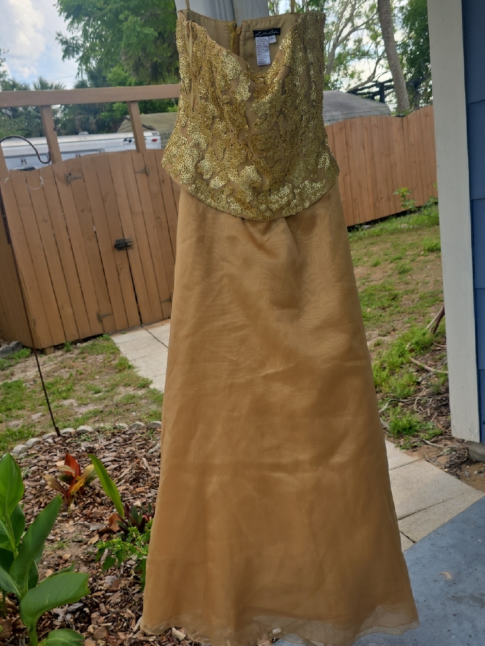 Lillie Rubin Size 8 Strapless Gold Lace-Sequined Evening Gown